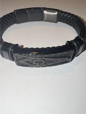 Men’s Black Braided Leather Masonic Bracelet Square and Compass Stainless Steel